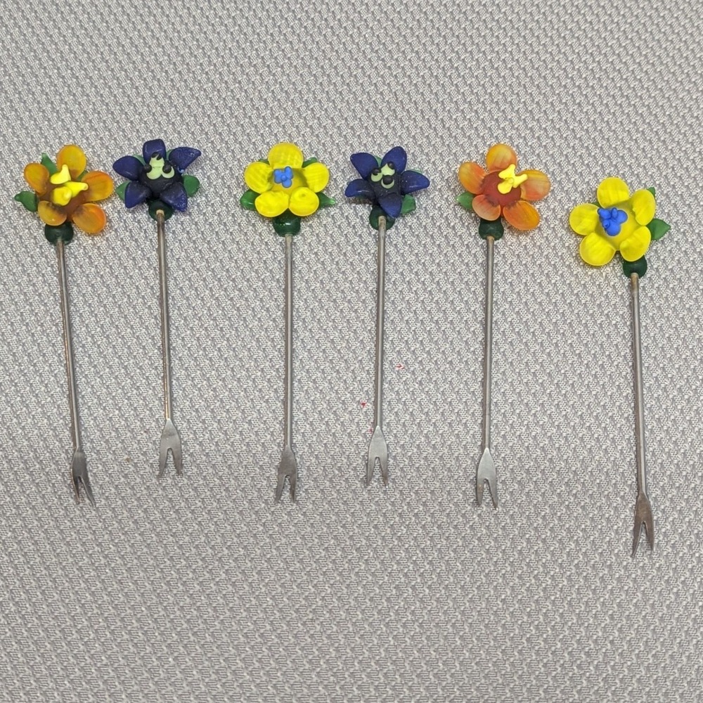 Vintage Art Glass (?) Flower Cocktail Forks Set of 6 Appetizer Picks Multicolor